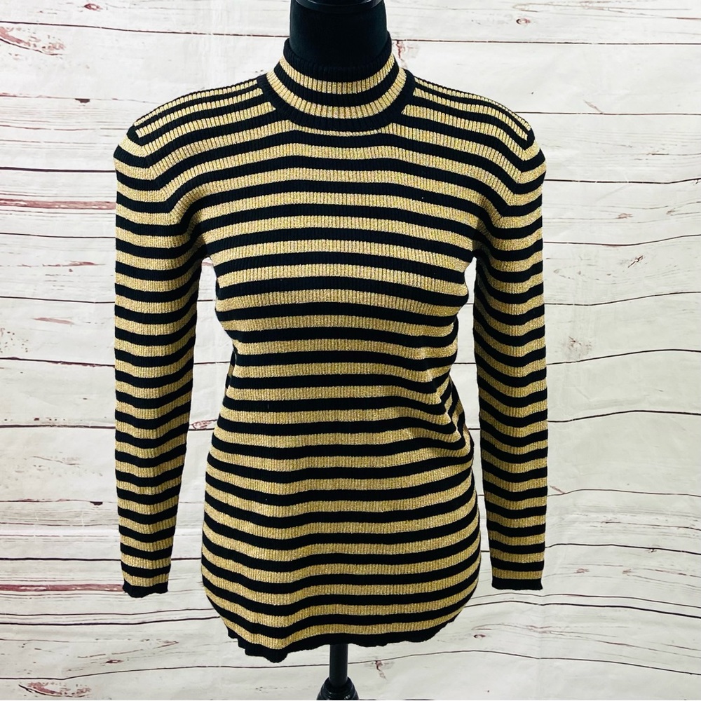 Cache Sweater Women’s M Black/Gold Striped Glitter Mock Neck Wool Blend vintage